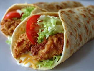 Close-up of Two Chicken Wraps with Lettuce and Tomato on White Plate; Delicious Fast Food Meal Preparation; Studio Shot