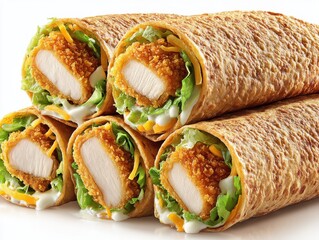 Stack of chicken wraps with lettuce cheese and sauce close up studio shot on white background delicious lunch or snack