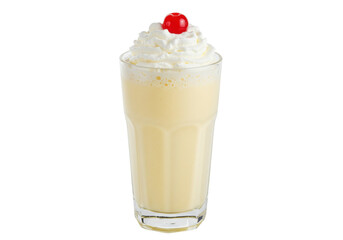 Isolated vanilla milkshake with whipped cream and cherry on top in a glass, refreshment