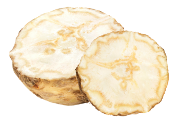 halved celeriac presenting its textured interior and earthy tones, suggesting organic farming, rustic cuisine, and the natural beauty of root vegetables on display