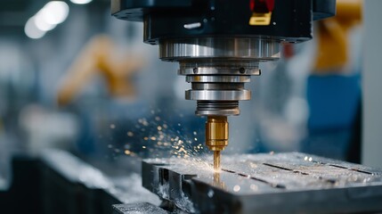 Industrial CNC machine cutting metal parts under robotic supervision, emotion of meticulous craftsmanship and technological expertise visible, representing automated metalworking, modern factory