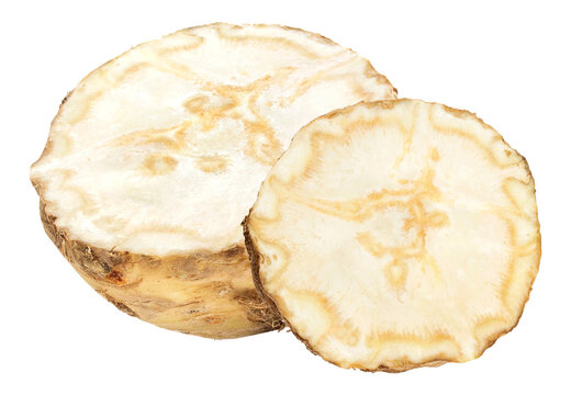 halved celeriac presenting its textured interior and earthy tones, suggesting organic farming, rustic cuisine, and the natural beauty of root vegetables on display