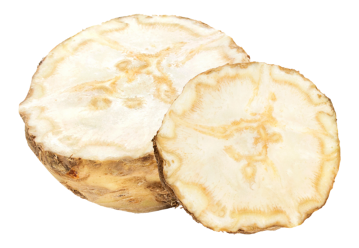halved celeriac presenting its textured interior and earthy tones, suggesting organic farming, rustic cuisine, and the natural beauty of root vegetables on display