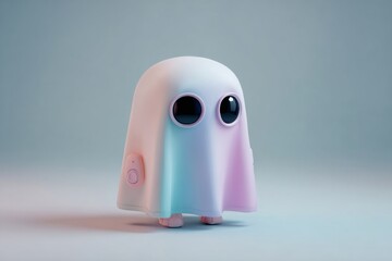 Cute robot ghost character standing, wearing a sheet with soft pastel colors, creating a playful and friendly ai concept