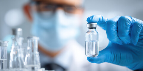 Scientist wearing protective gear holds vial in laboratory, symbolizing research and innovation