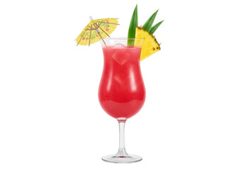 Isolated tropical cocktail, red drink garnished with pineapple and umbrella on tall glass