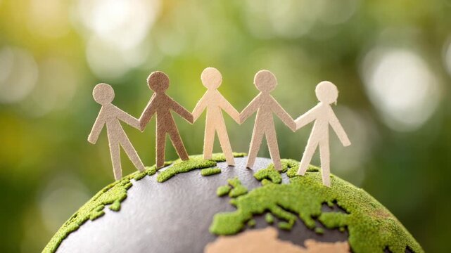 Paper people, diverse colors, linked hands, standing on a globe with green grass, out-of-focus green background