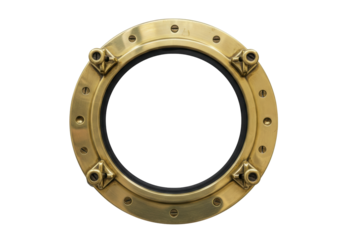 Isolated ornate antique brass ship porthole on a light backdrop for marine design work