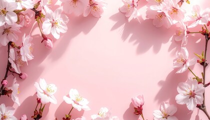 Fototapeta premium Delicate Pink Cherry Blossoms Frame a Soft Pastel Background with Gentle Sunlight and Shadow Play