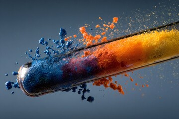 Colorful powder particles bursting from a glass test tube in a dynamic splash, representing chemical reactions and innovation