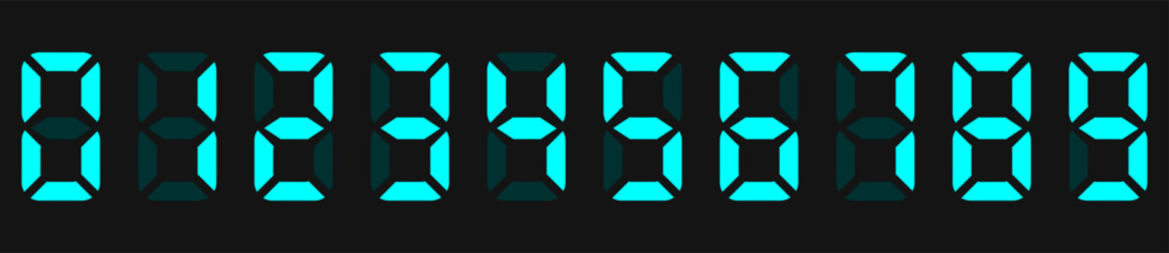 LED digital board Electronic style. Display information set scoreboard with digits from 0 to 9, Signages,Information Panels, Sports, Games, Data Boards, Schedules. Zero to Nine Cyan clock numbers