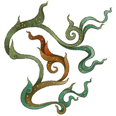 Obraz premium A traditional Thai decorative swirl with green and brown curved shapes accented by golden dots. The flowing design and organic symmetry make it perfect for cultural artwork and elegant craft designs..