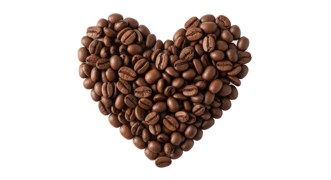 Heart shape made from coffee beans isolated on transparent background, symbol of love and passion