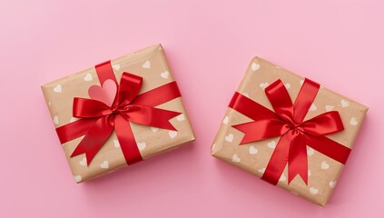 Obraz premium Two Wrapped Packages, Adorned with Red Ribbons and Small Heart Designs on Paper.