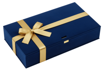 Isolated present for special occasion wrapped in gold ribbon on blue box, celebration theme