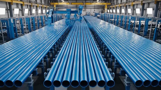 A large pipe getting spray painted blue in a factory, then rows of newly painted blue pipes on a conveyor belt, industrial production footage