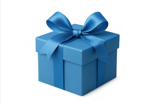 Blue gift box with ribbon bow on transparent background - Powered by Adobe