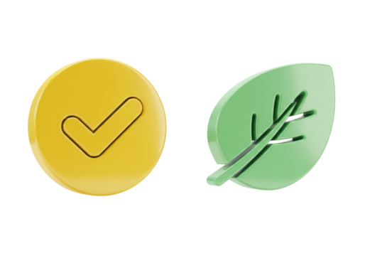 Isolated green leaf, golden check mark approval icon, business concept, modern design