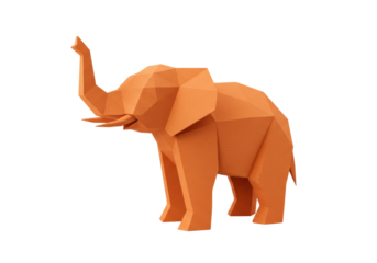 Isolated Orange Low-Poly Papercraft Elephant, Geometric Design, African Animal, Origami Style