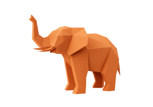 Isolated Orange Low-Poly Papercraft Elephant, Geometric Design, African Animal, Origami Style
