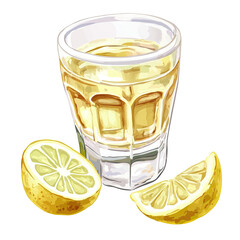 Clear shot glass with golden liquid, sliced lemon beside