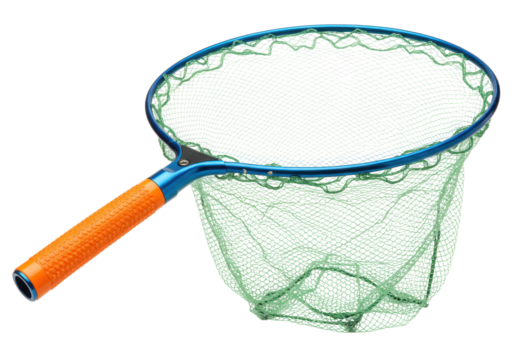 Isolated fishing landing net with orange handle and blue rim, no background, close-up