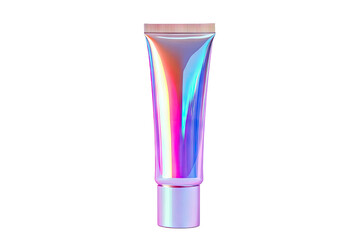 Shiny, iridescent cosmetic tube against a black background
