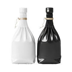 Two covered bottles, white and black, side by side