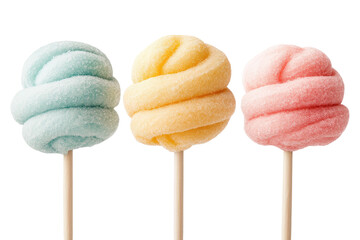 Three pastel cotton candy swirls on sticks, side by side