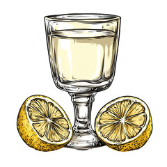 Lemon drink, full glass, lemons halved, black background
