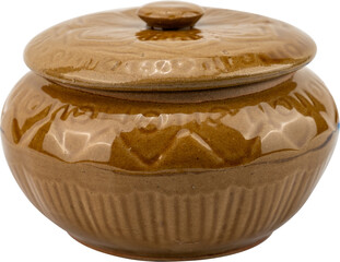 Ceramic brown lidded bowl with intricate design.