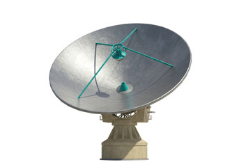 Isolated radio telescope pointing skyward against solid background, radio astronomy equipment