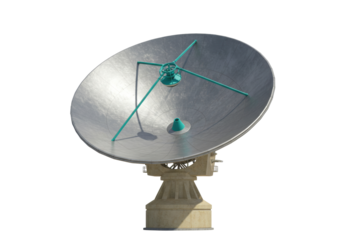 Isolated radio telescope pointing skyward against solid background, radio astronomy equipment