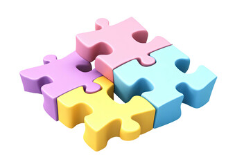 Interlocked pastel puzzle pieces, top view, 3D render