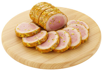 Isolated sliced pork tenderloin on wooden board ready to eat for Christmas dinner, family meal