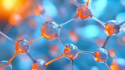 Abstract interconnected spheres glow with orange highlights on a blue backdrop