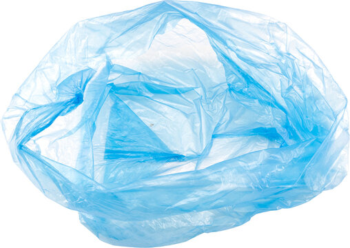 An empty blue plastic bag on a white background.
