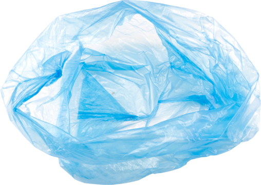An empty blue plastic bag on a white background.