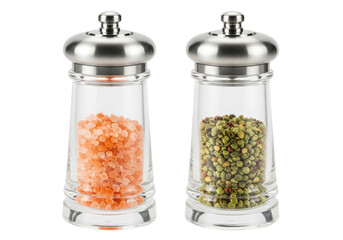 Isolated Salt and Pepper Mills with Fillings, Modern Metallic Caps, Glass Body, Kitchen Set