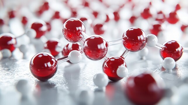 Abstract molecular structure, red and white spheres connected by rods