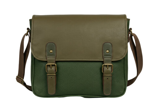 Isolated leather satchel bag with olive color and brown strap for carrying items daily