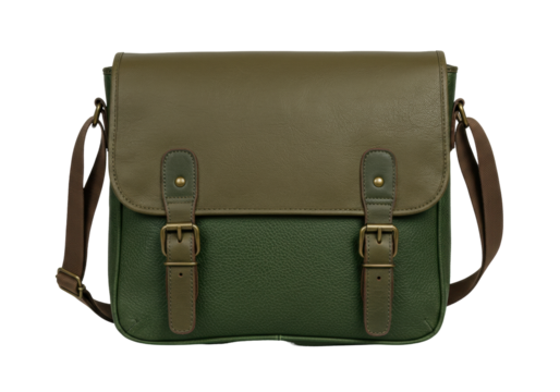 Isolated leather satchel bag with olive color and brown strap for carrying items daily