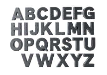 Individual English alphabet letters of heavy dark grey slate, geometric and polished, on a transparent background with copy space, clean studio lighting, concept of enduring knowledge