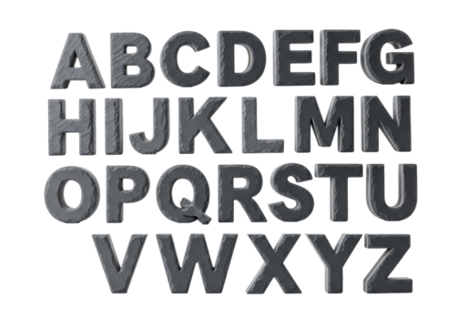Individual English alphabet letters of heavy dark grey slate, geometric and polished, on a transparent background with copy space, clean studio lighting, concept of enduring knowledge