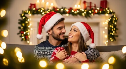 Happy couple in santa hats embracing near fireplace with christmas decorations. Festive season.