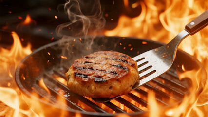 A dynamic close-up action shot of a thick hamburger patty being flipped with a spatula on a fiery barbecue grill with rising flames and smoke