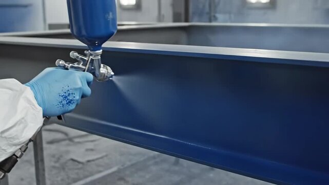 Man painter wearing working gloves spray painting metal beam blue, industrial painting renovation footage