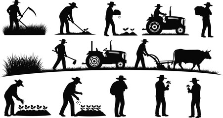 Farmers silhouette illustration, agriculture workers with tools, tractor and ox plow, planting watering harvesting crops, black and white flat vector design