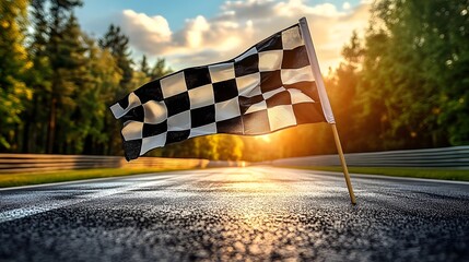 Checkered flag waving at a racing track surrounded by trees during sunset