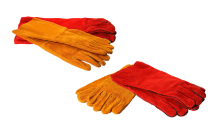 paired sets of red and yellow leather work gloves offering resilient hand protection for various industrial and construction tasks in professional environments